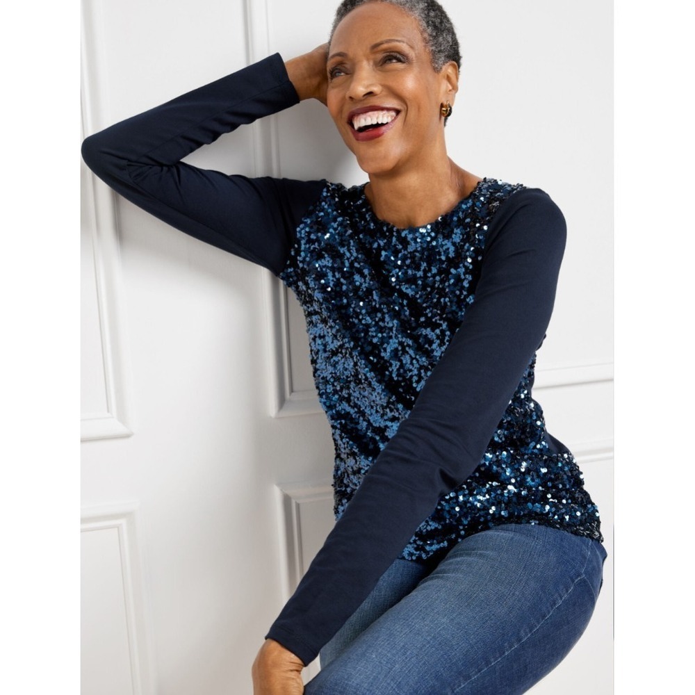 Talbots Women's XL Navy Blue Sequined Long Sleeve Pullover Crewneck Top NEW